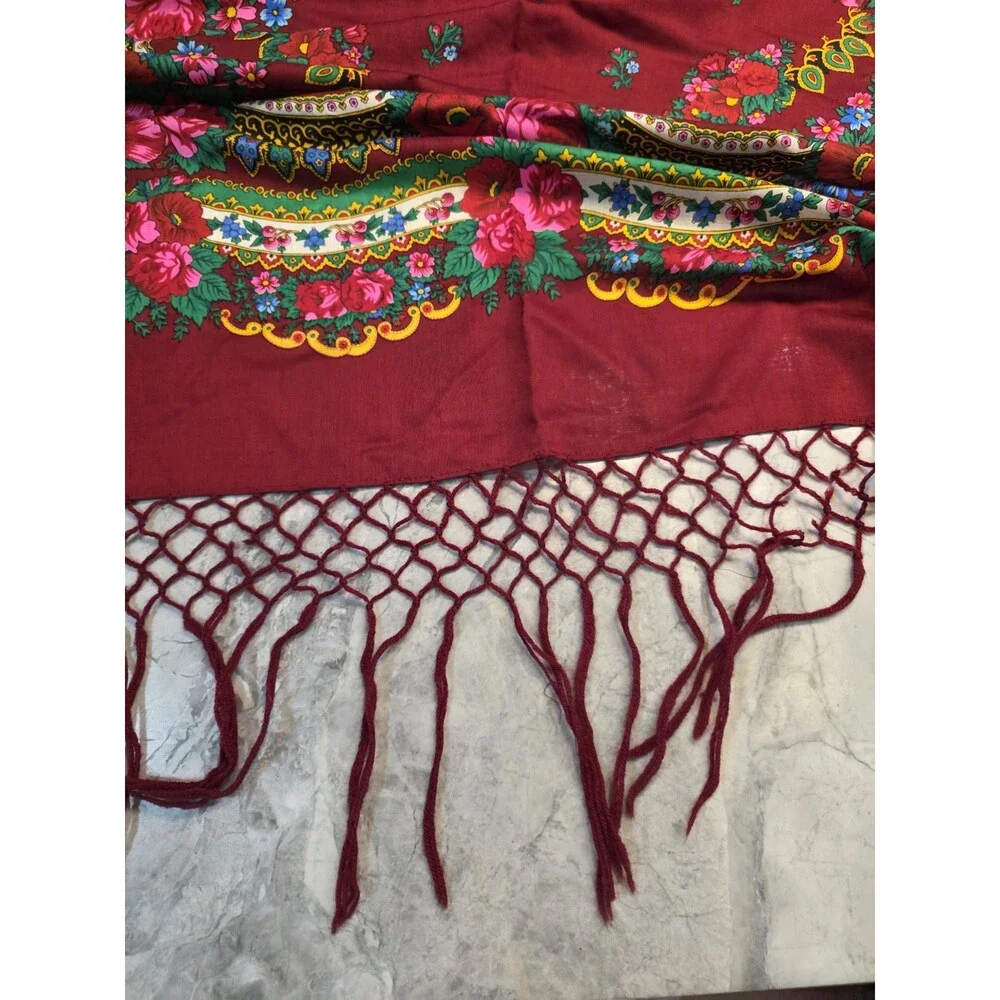Vintage 100% Wool Floral Piano Shawl Burgundy Macrame Fringe Japan Fortune Telle
